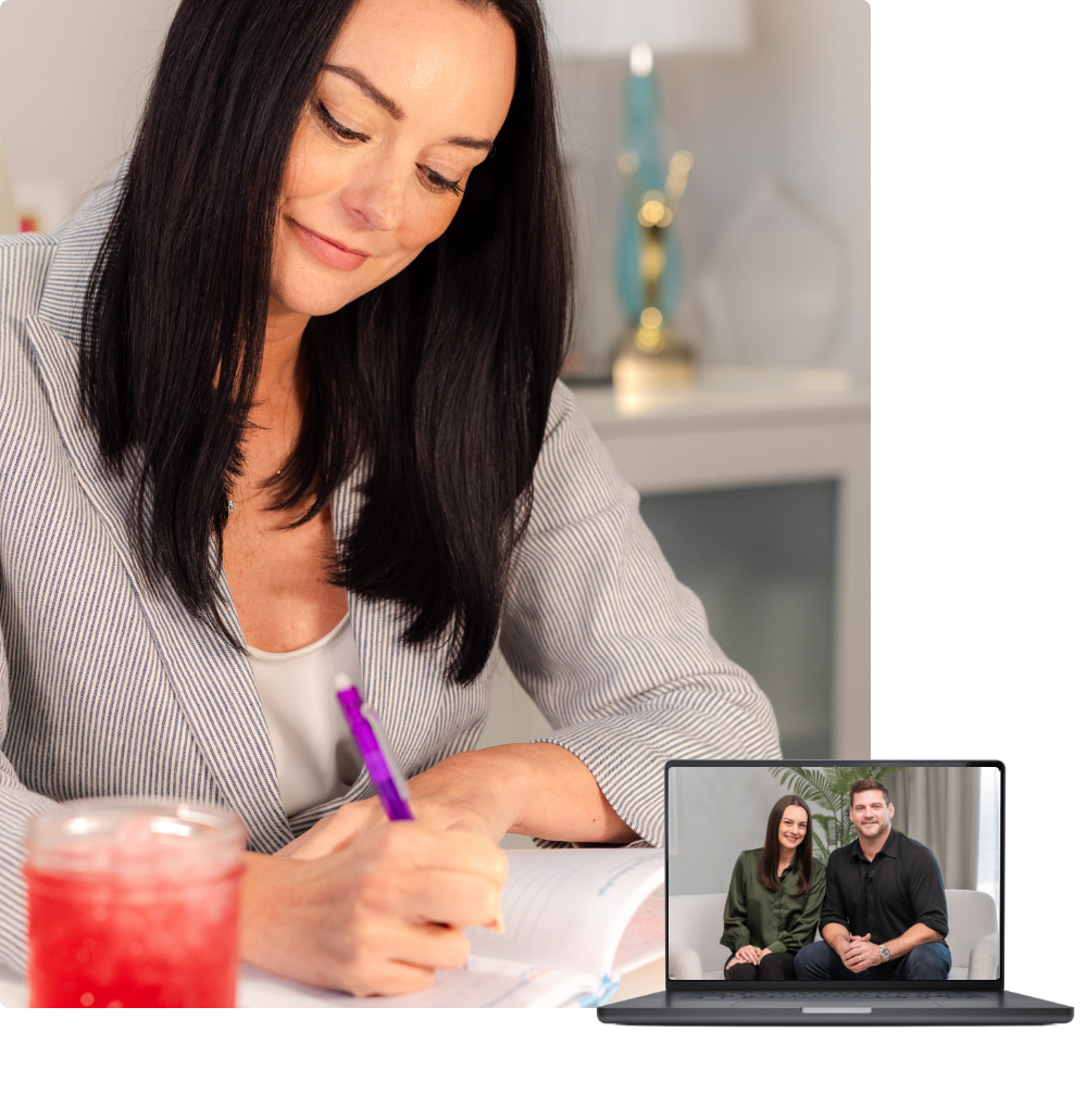 Amber Olson Rourke writing notes in a journal. Featured is a laptop screen with Amber and Damon Rourke.